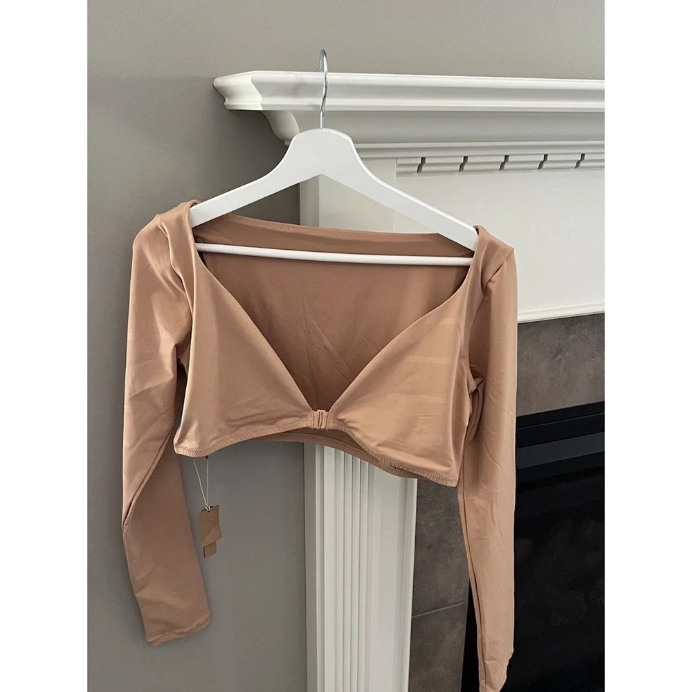 NWT SKIMS Recycled Swim Long Sleeve Shrug Plunge Swim Top Ochre Size L